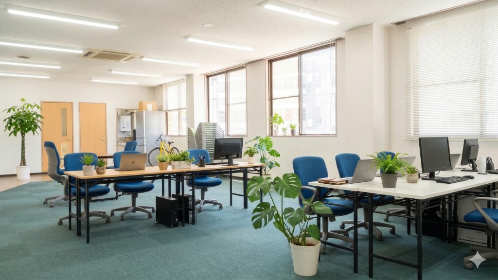 グリーンが点在する明るく整然としたZen Worksの作業スペース。青いチェアとPCが並ぶ清潔感のある事業所内