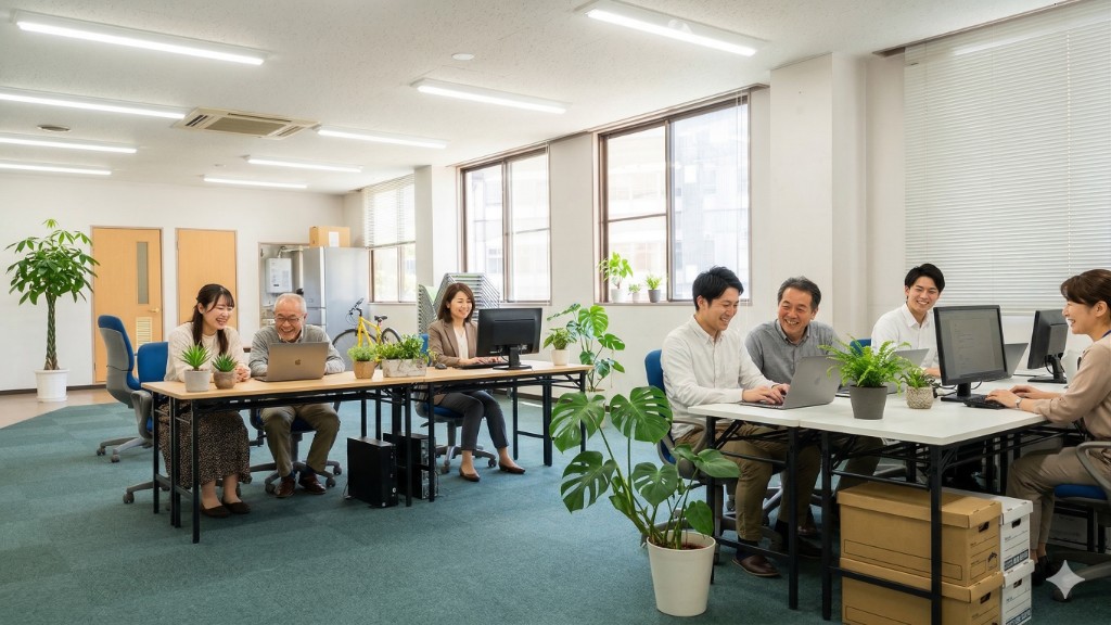 明るく清潔感のあるオフィスで、笑顔でPC作業に取り組むZen Worksのメンバーたち